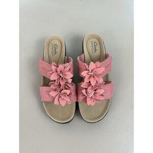 Clarks Women's Merliah Raelyn Floral Wedge Slide Sandal Leather Pink CORAL 7.5